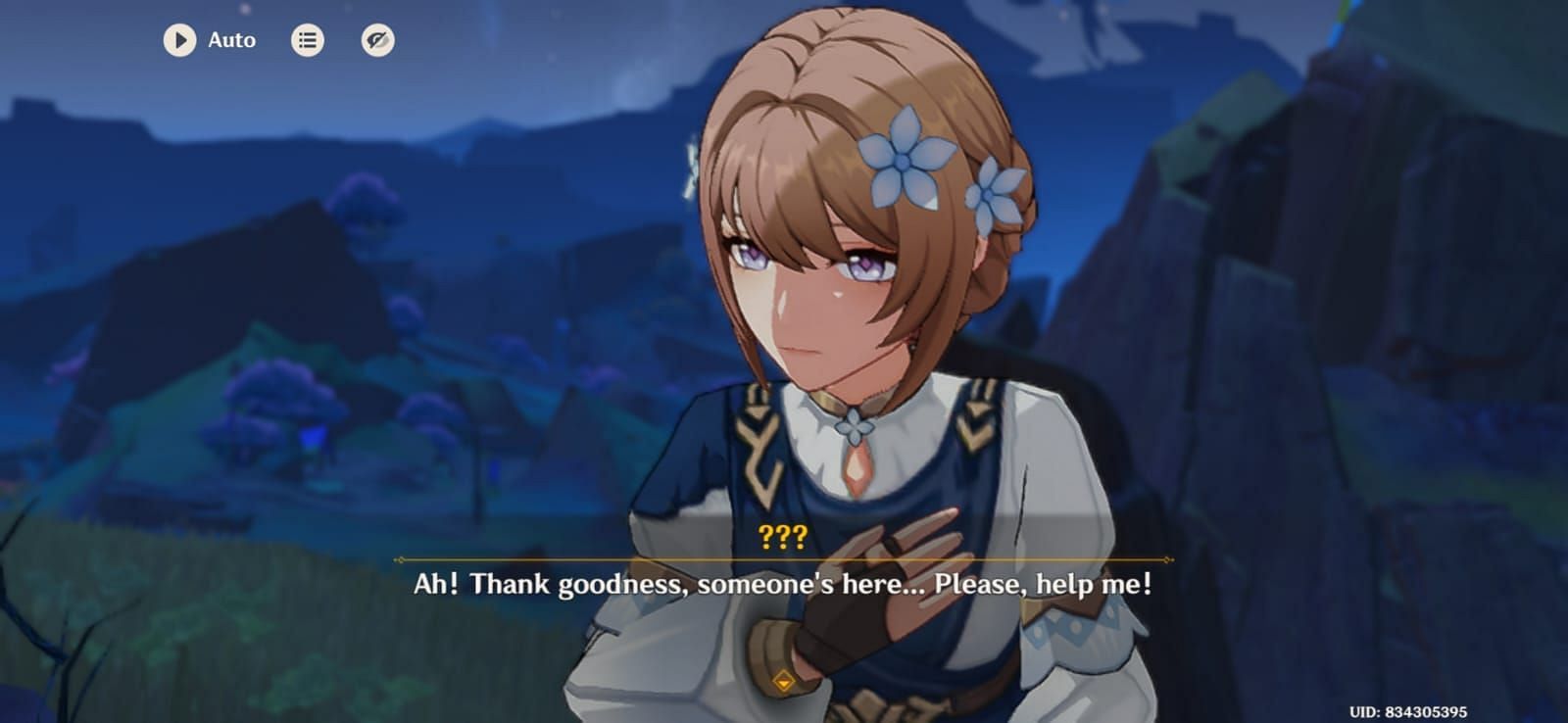 Direidyth in Genshin Impact, the mysterious woman asking for help outside the cave (Image via HoYoverse)